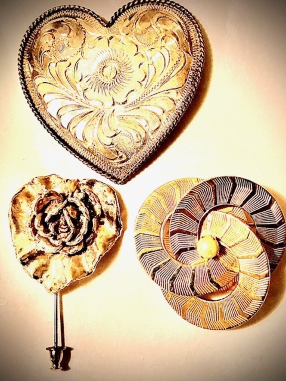 Vintage Metal Brooch Trio–Heart Dish, Rose Pin & Mixed‑Metal Circle with a pearl